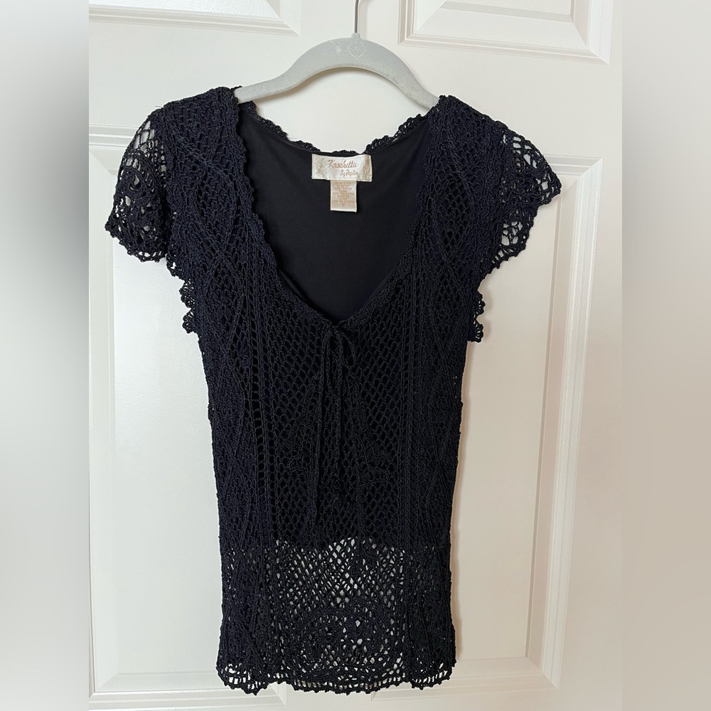 Black size small elegant black crochet summer top. Keoshetta by Papillon.